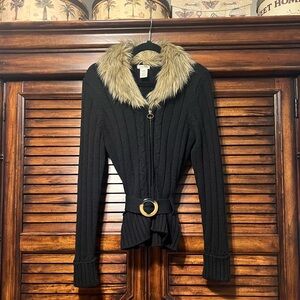 St. John's Bay Black Cardigan with Faux Fur Collar Zip up With Belt. Size Large